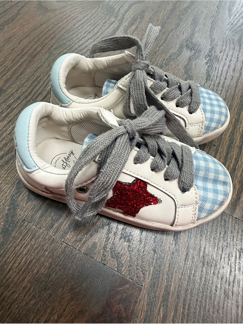 Sweet honey Kids White and Blue Star Lace-Up Sneakers with Red Glitter Accent